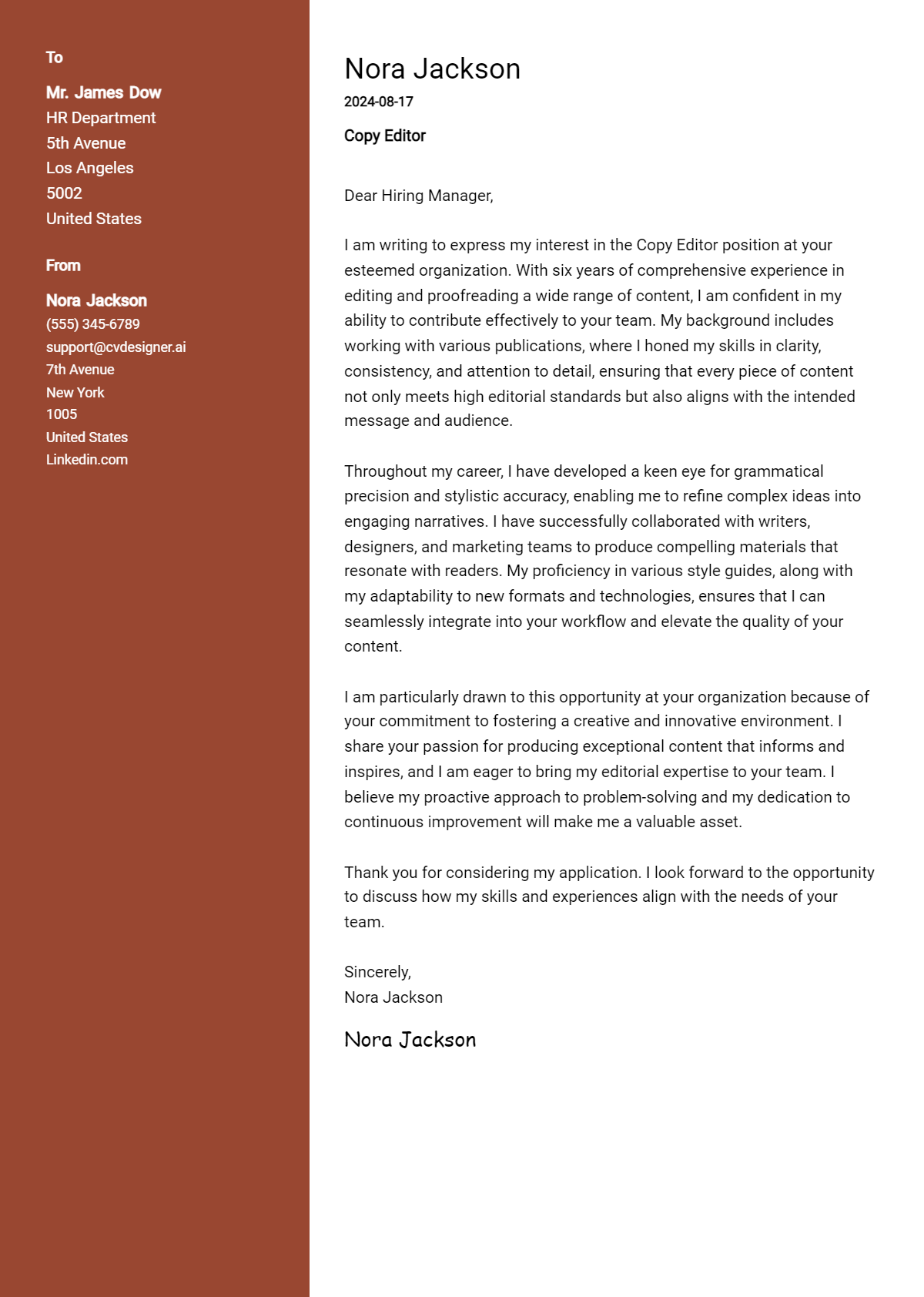 copy editor cover letter example