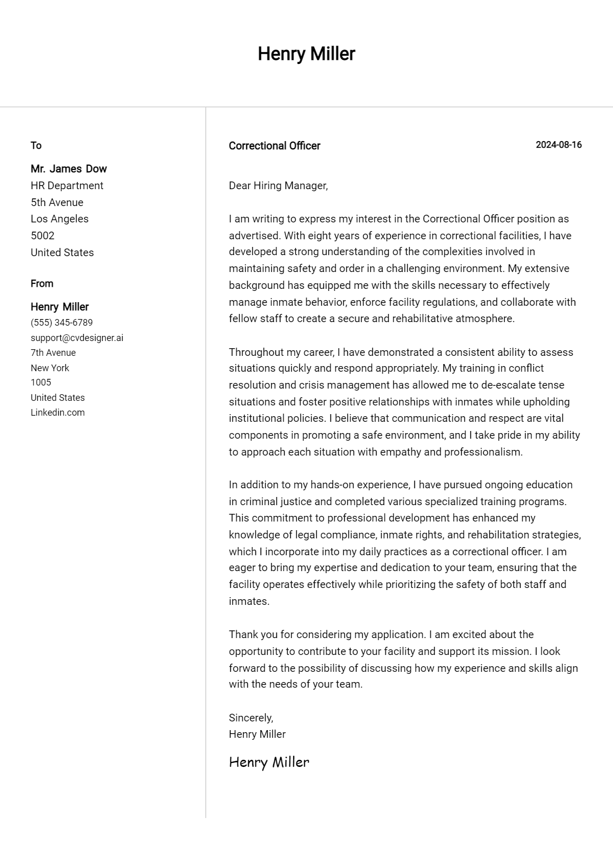 correctional officer cover letter example