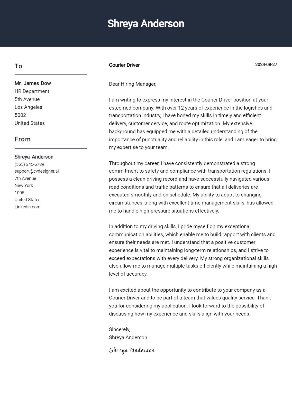 courier driver cover letter example