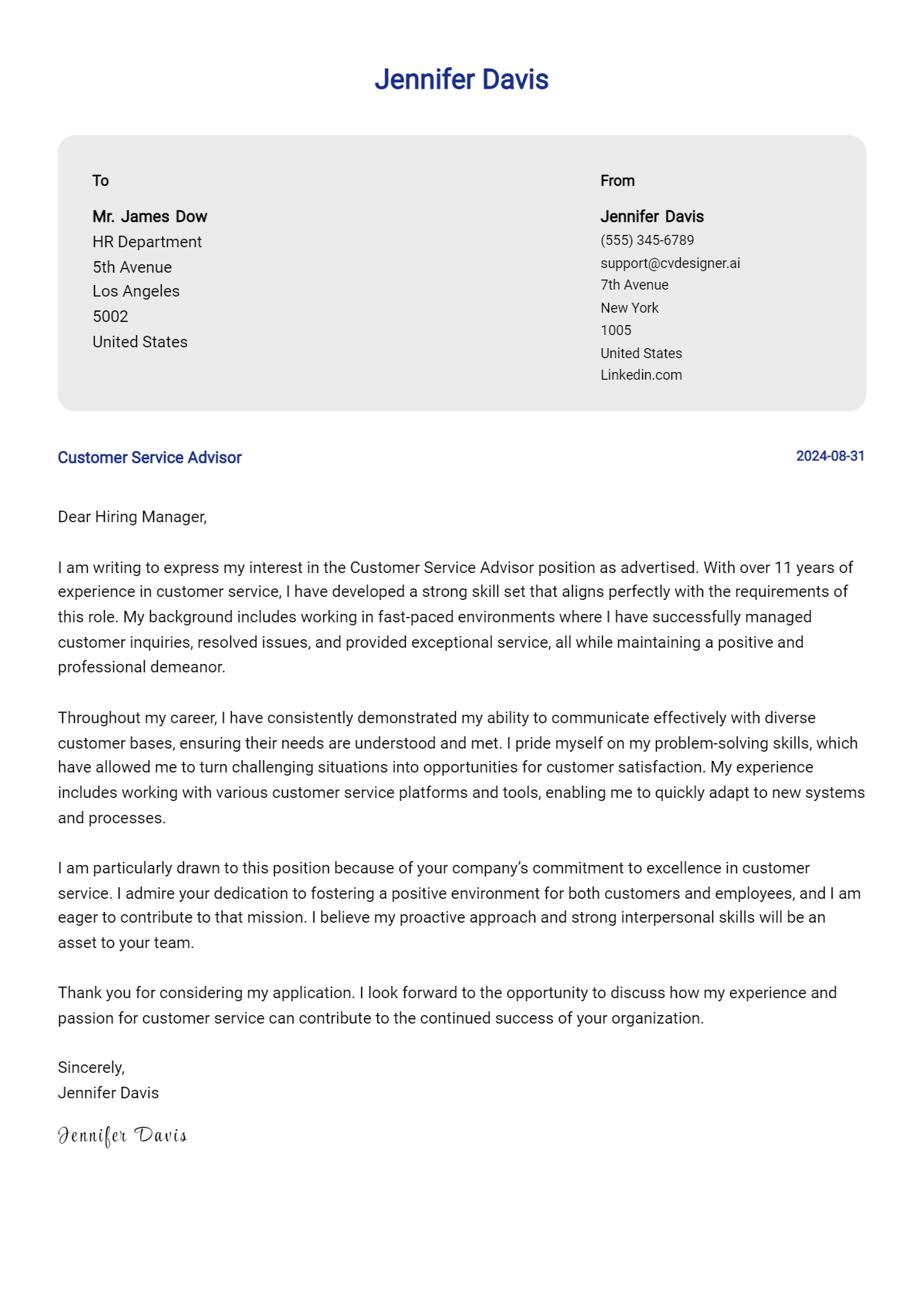 customer service advisor cover letter example