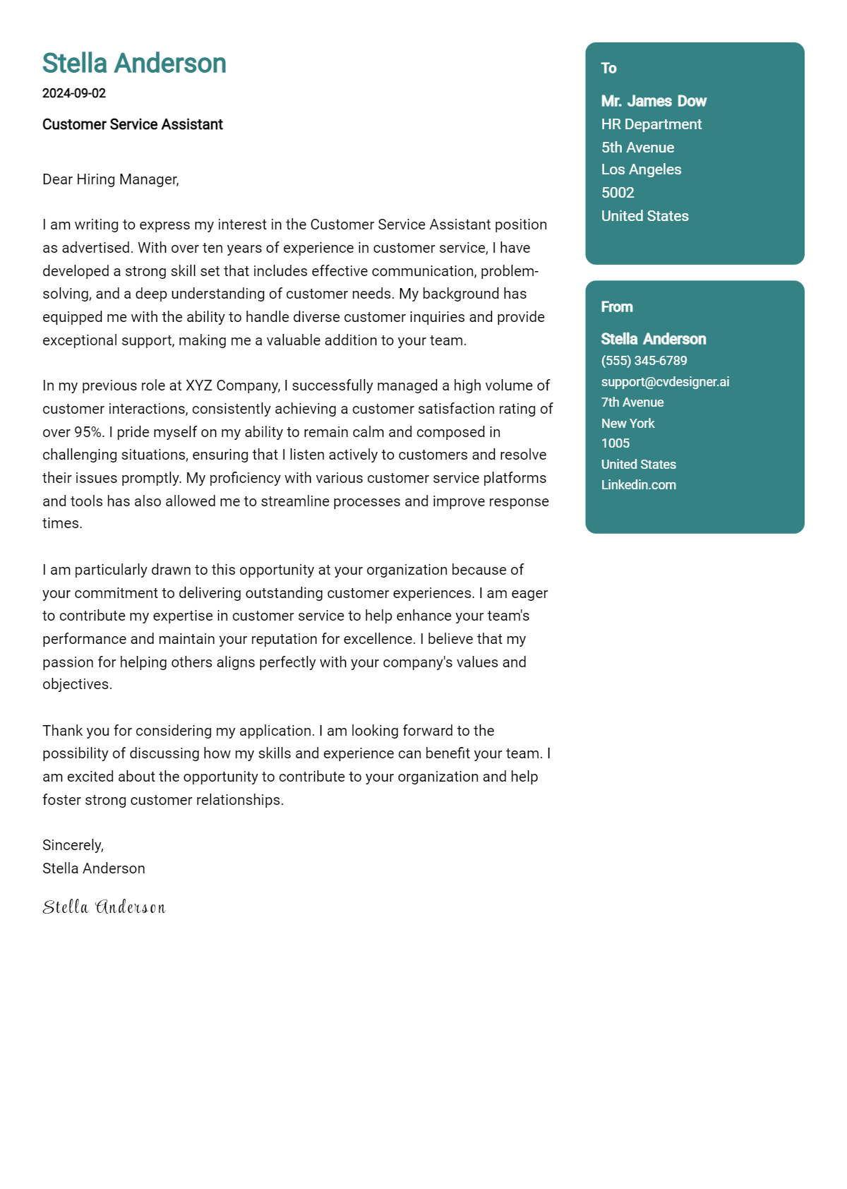 customer service assistant cover letter example