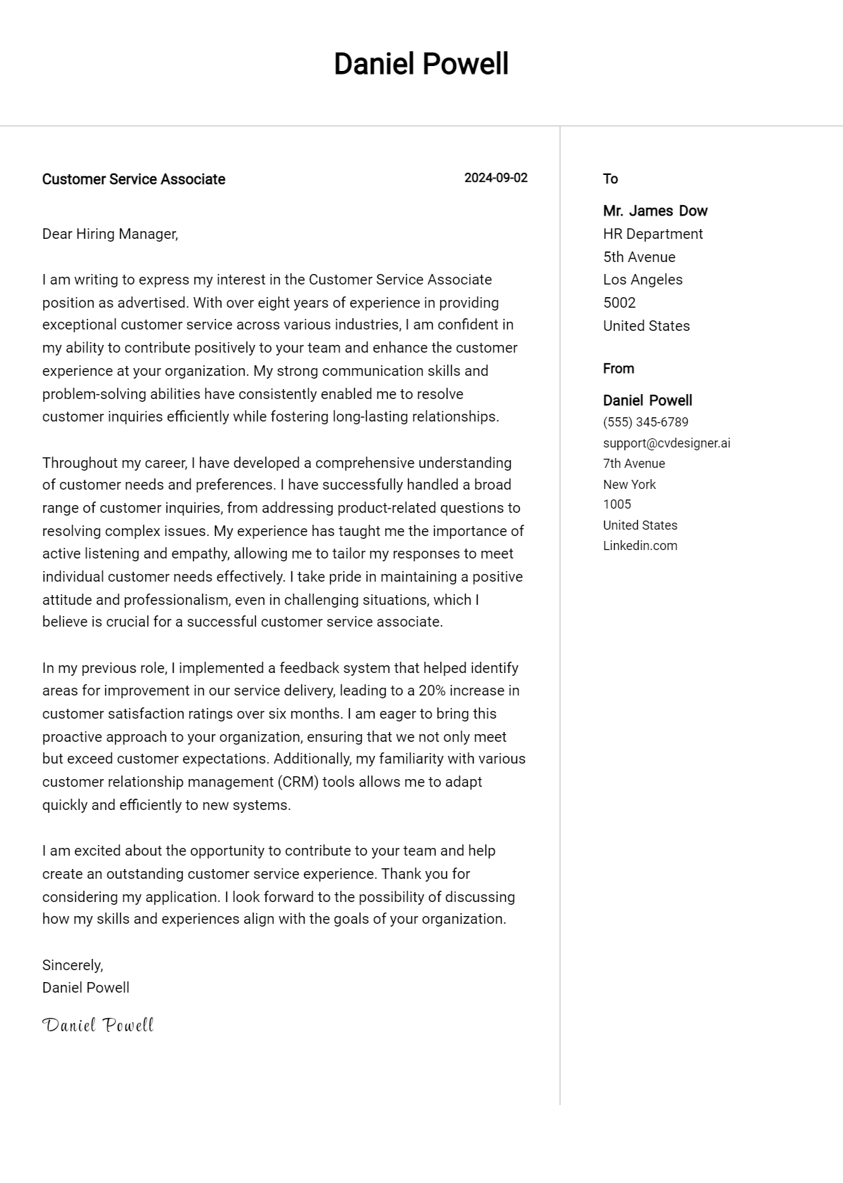 customer service associate cover letter example