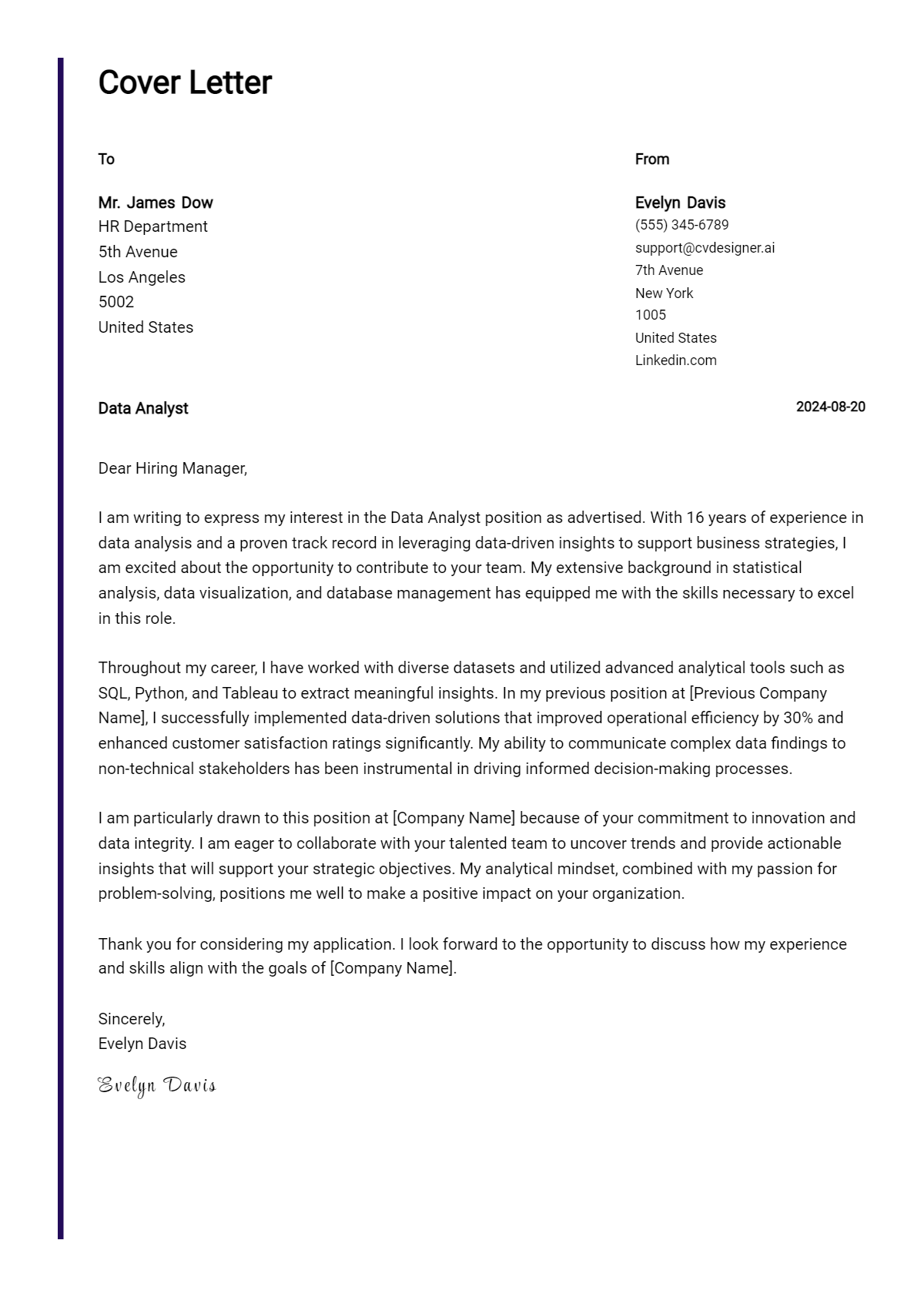 data analyst cover letter example