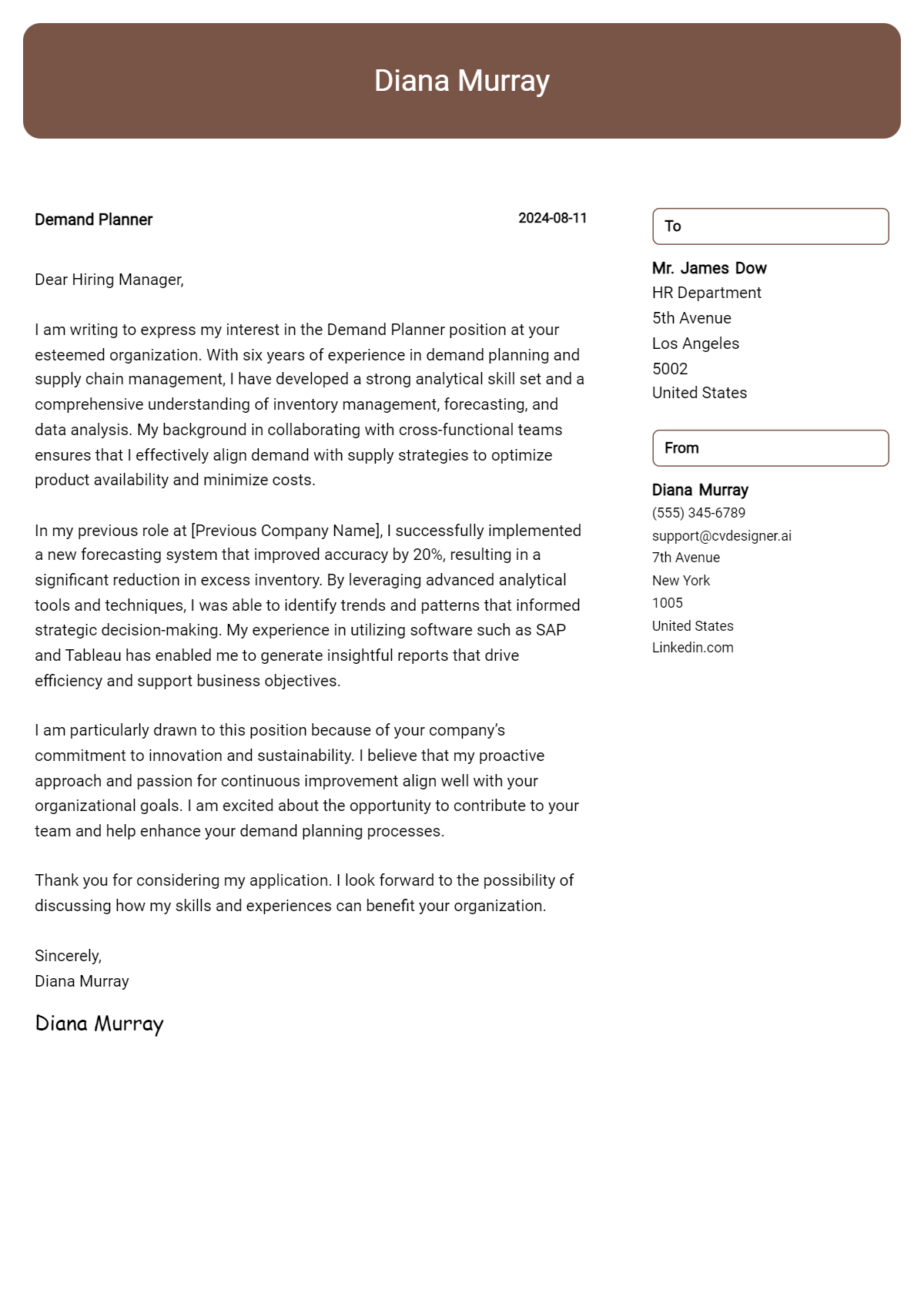 demand planner cover letter example