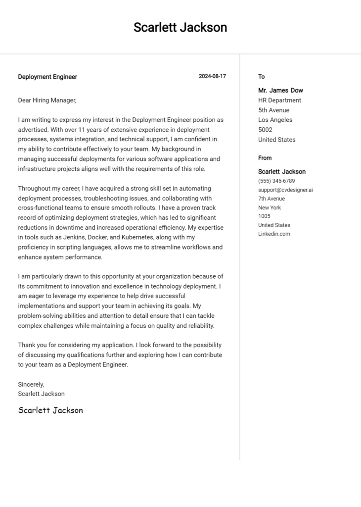 deployment engineer cover letter example