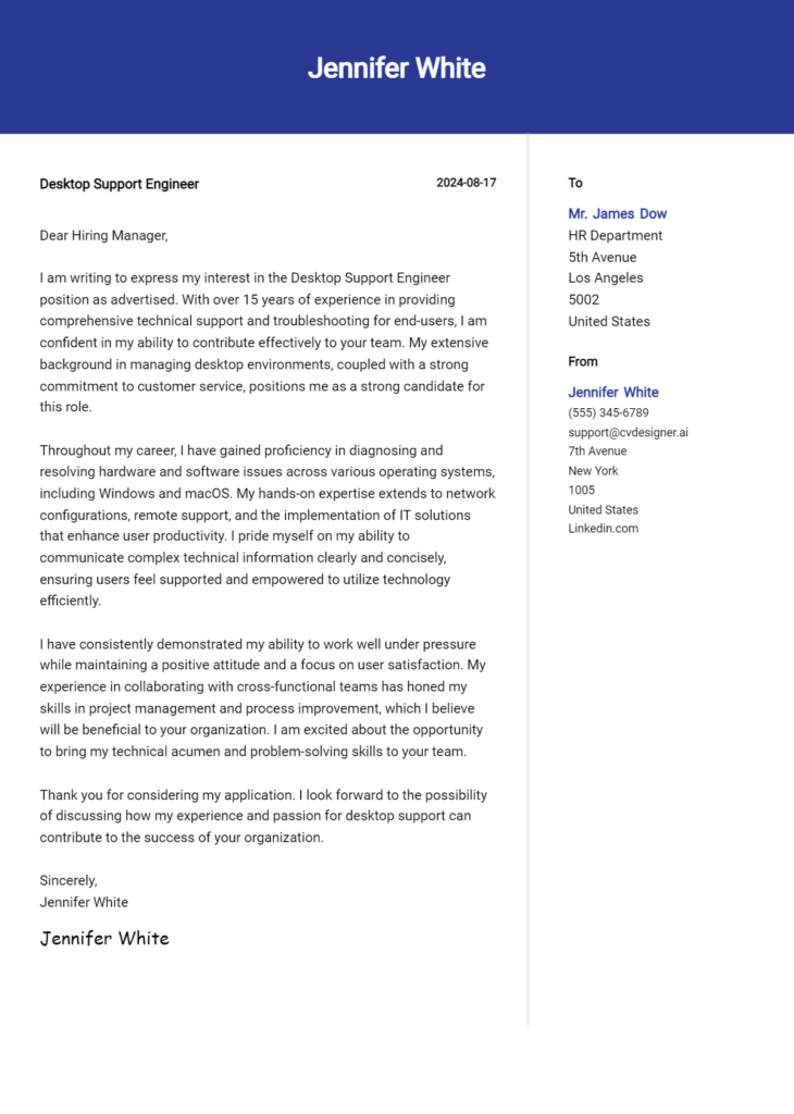 desktop support engineer cover letter example