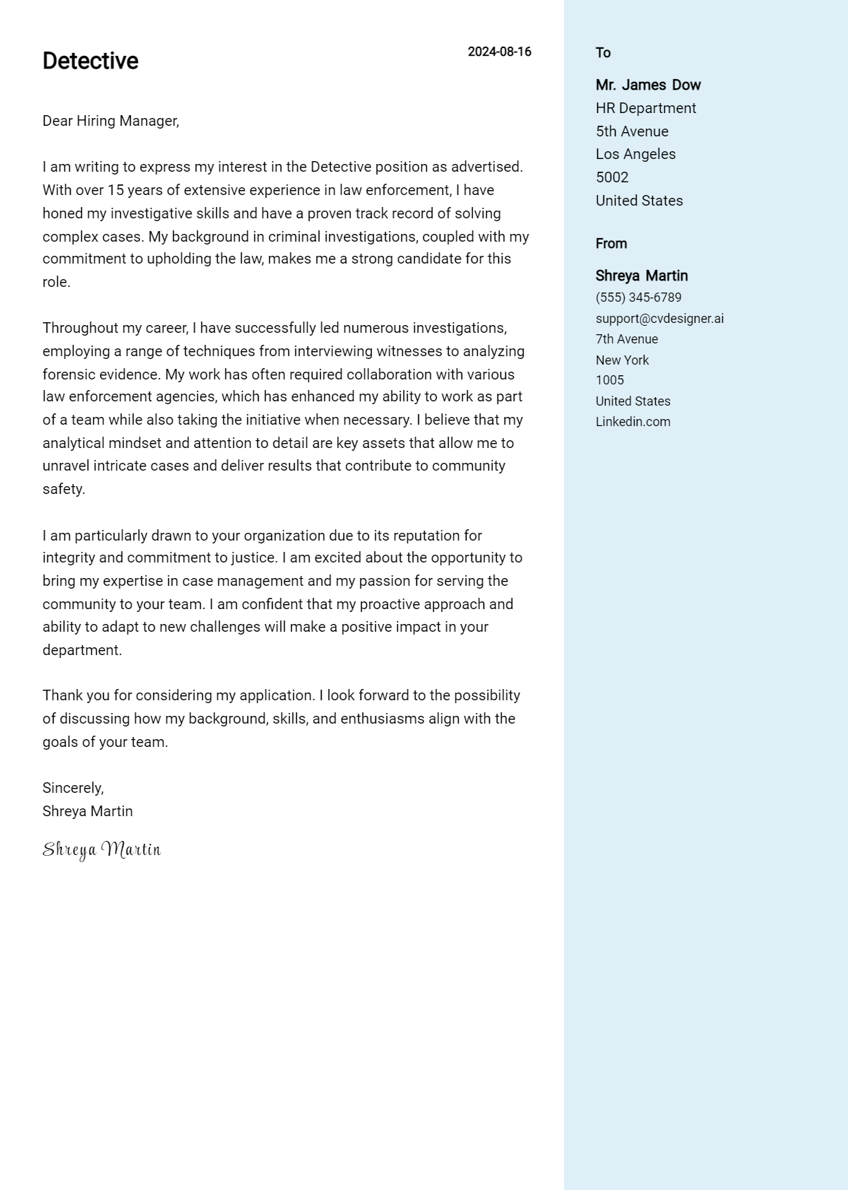 detective cover letter example