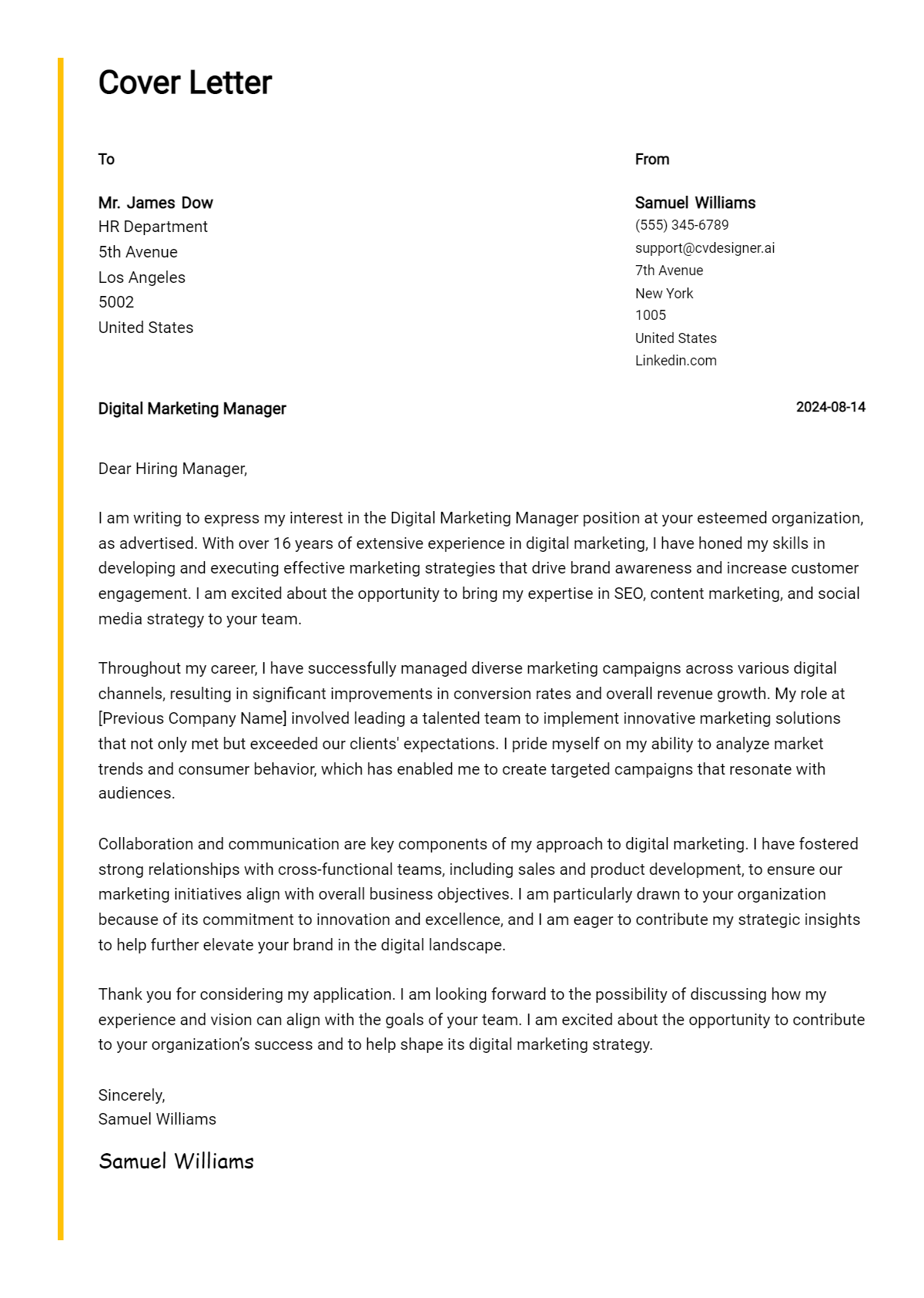 digital marketing manager cover letter example