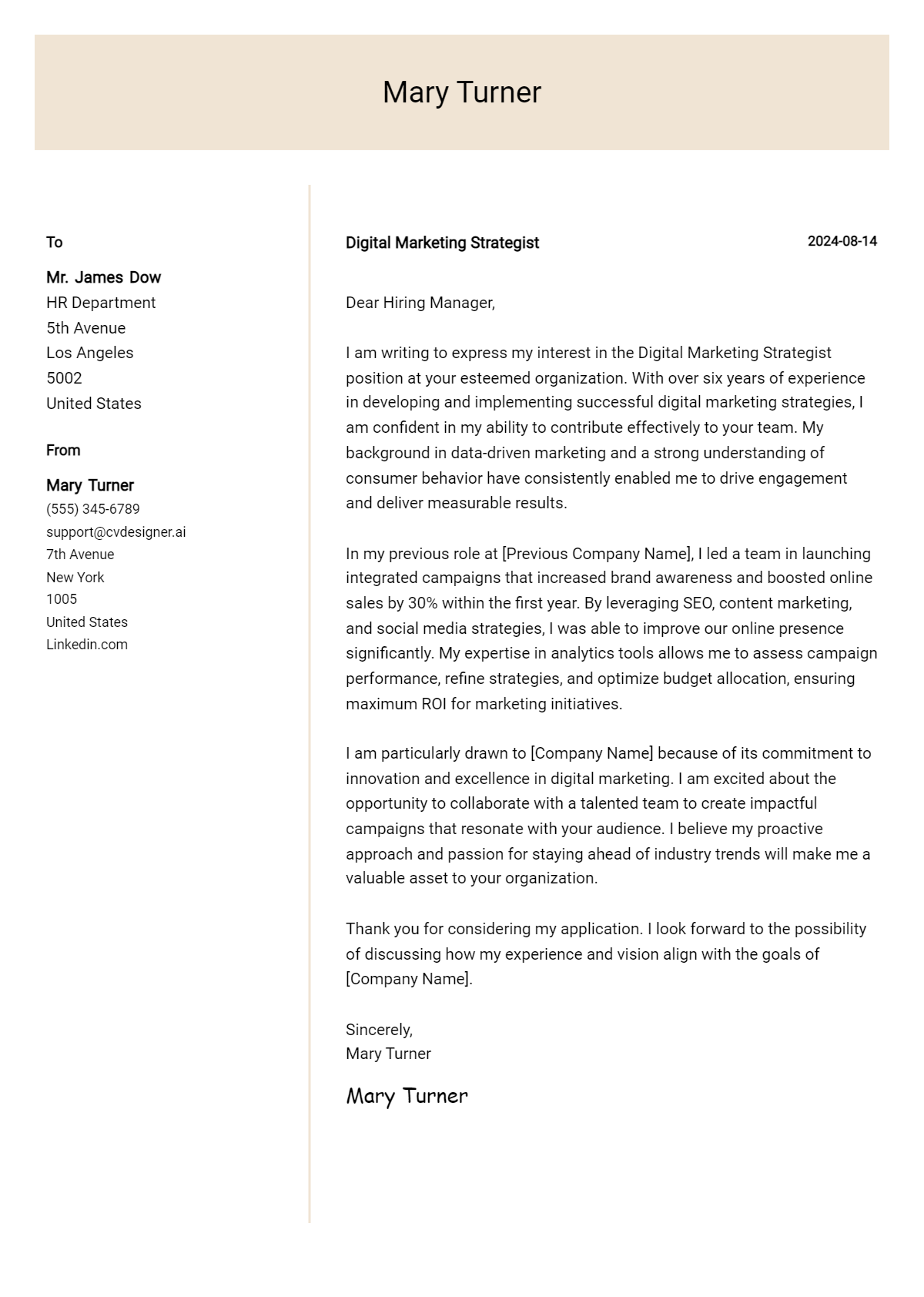 digital marketing strategist cover letter example