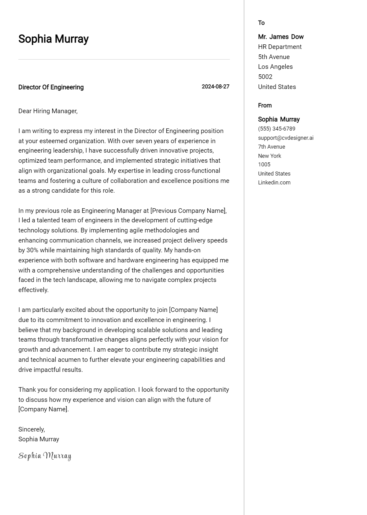 director of engineering cover letter example