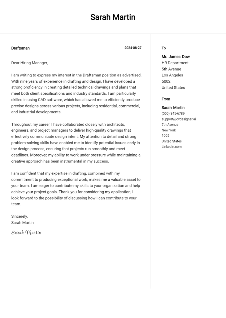 draftsman cover letter example