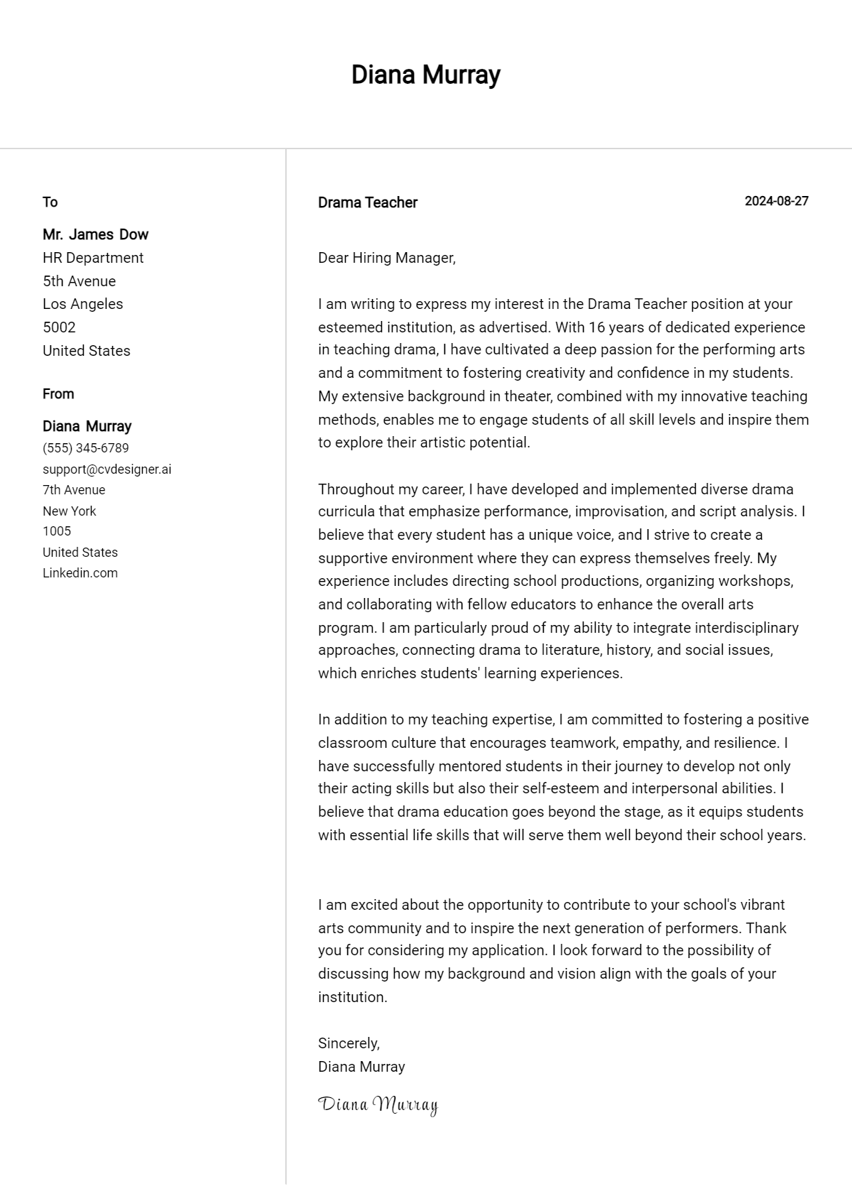 drama teacher cover letter example