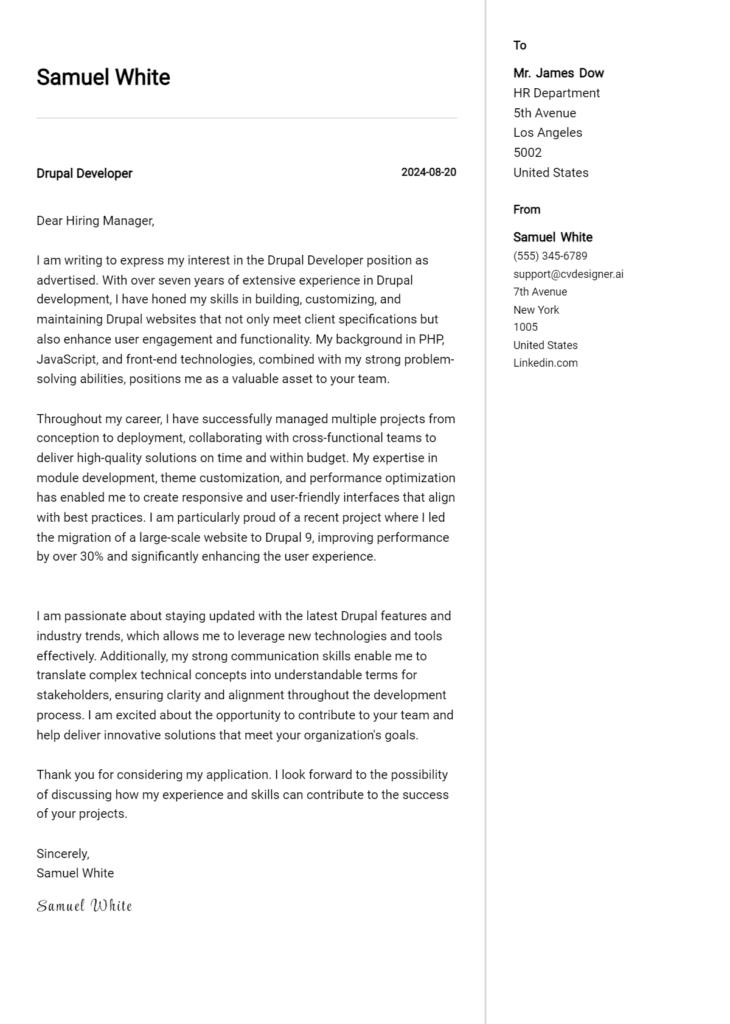 drupal developer cover letter example