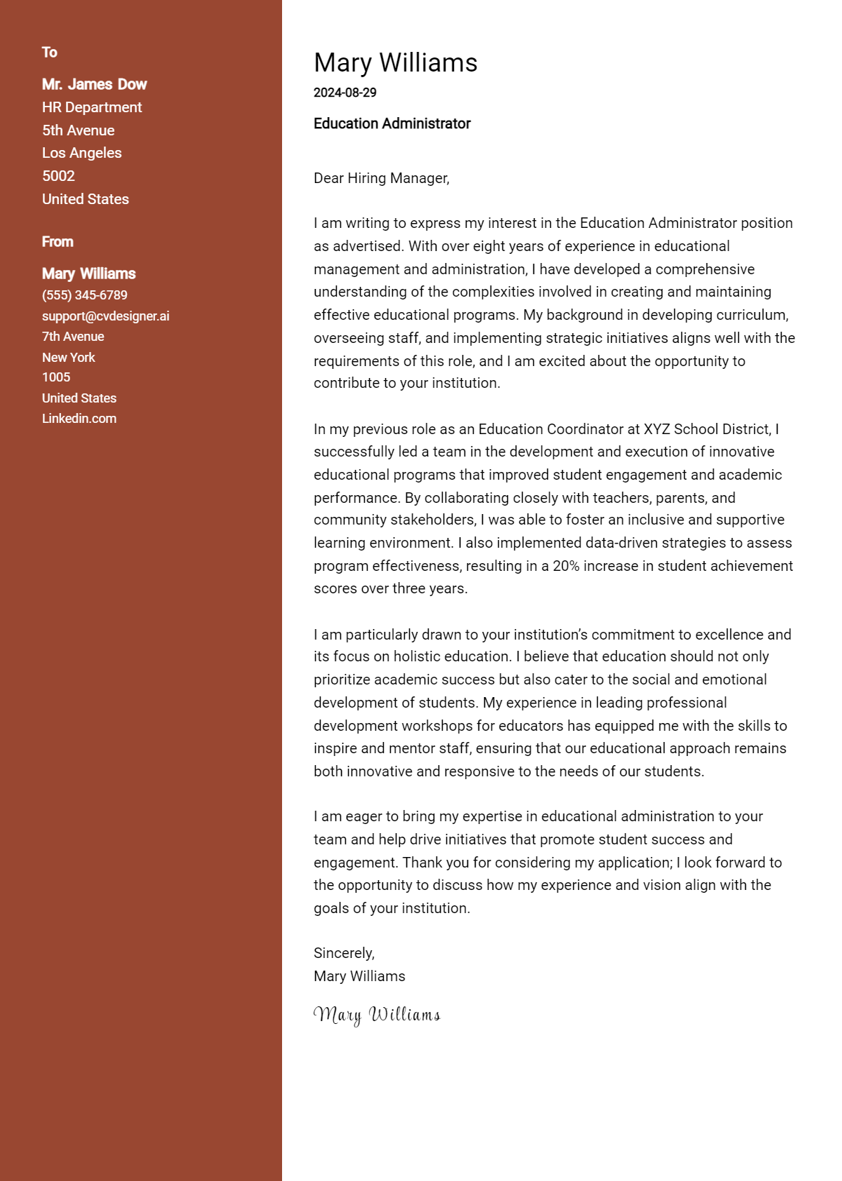 education administrator cover letter example