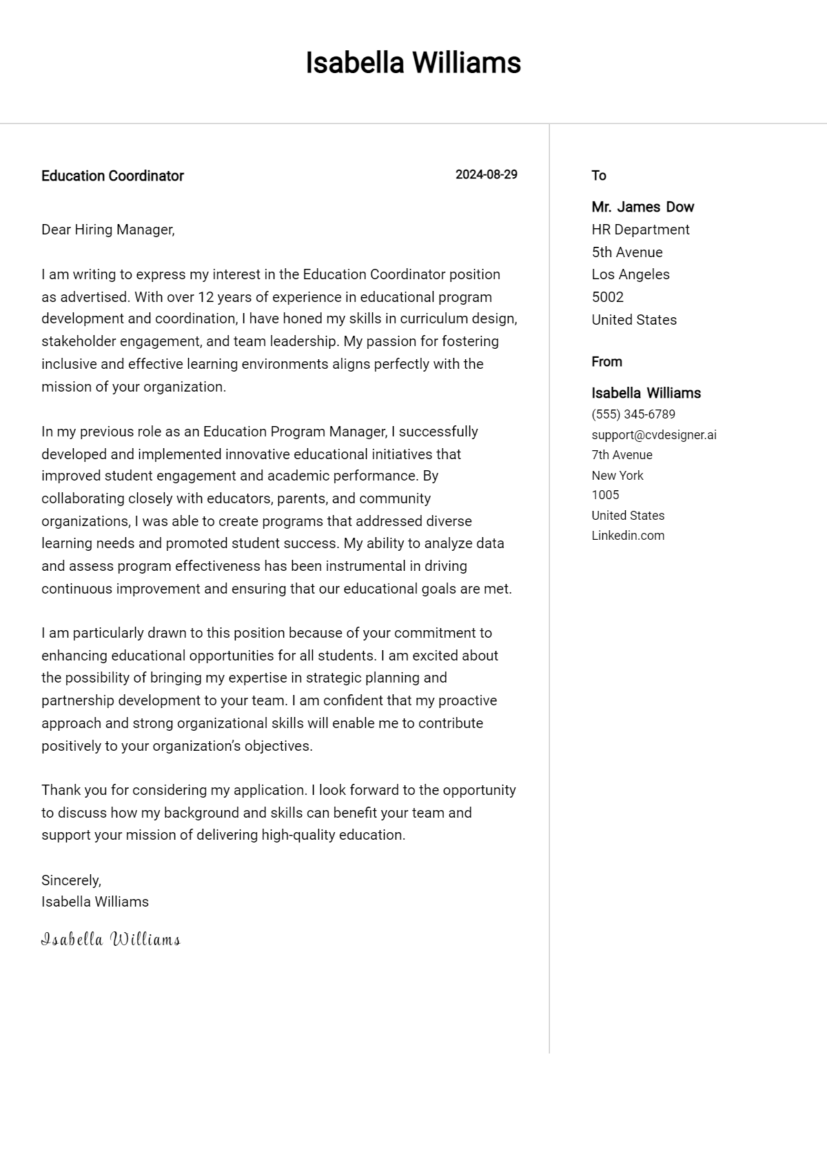 education coordinator cover letter example