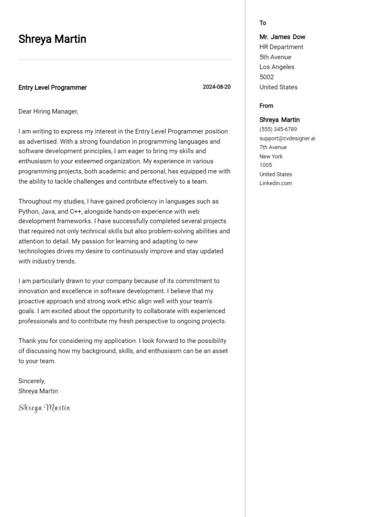 entry level programmer cover letter example