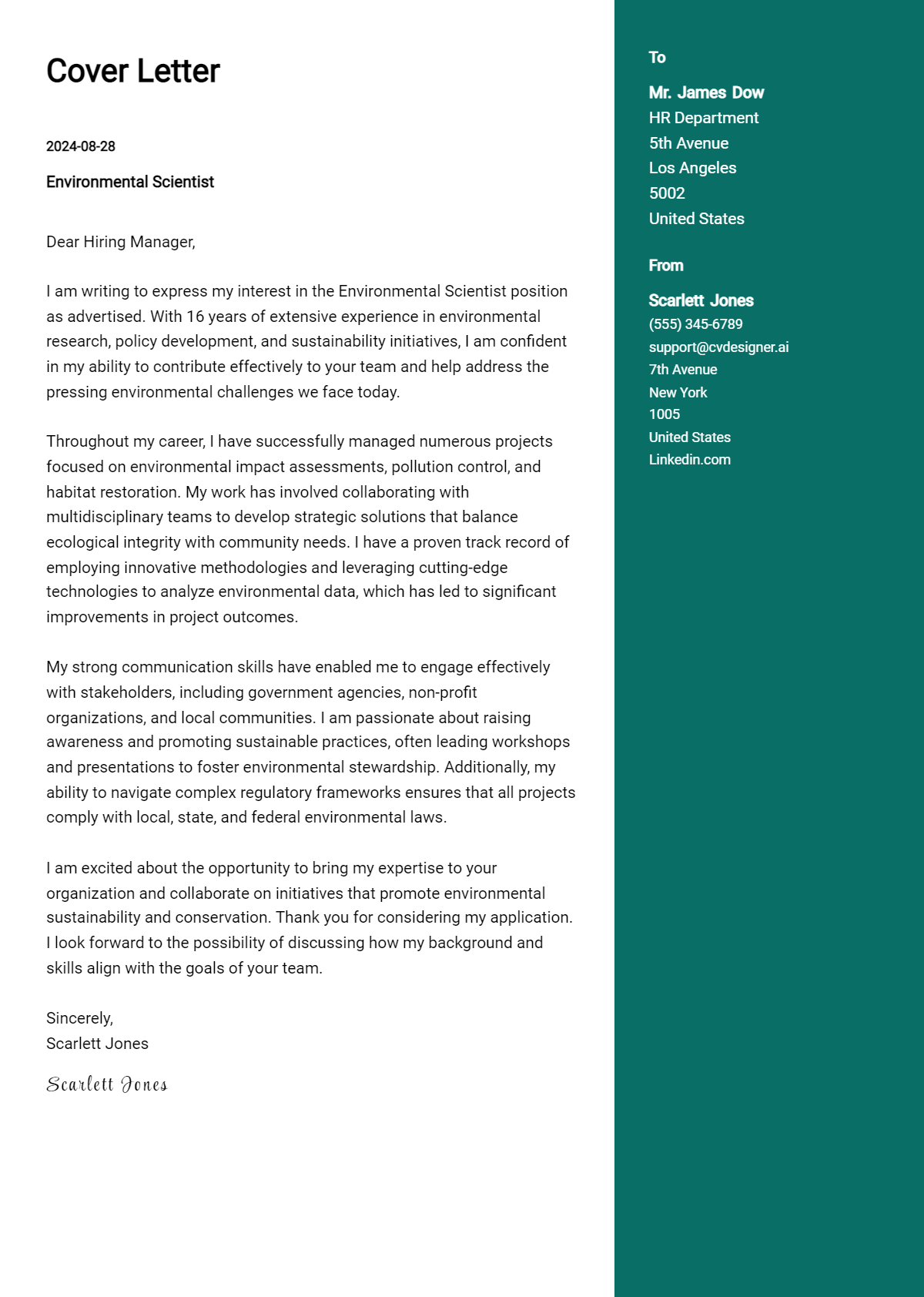 environmental scientist cover letter example