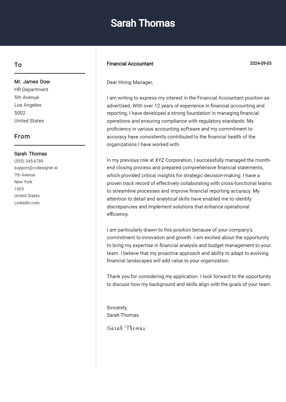 financial accountant cover letter example