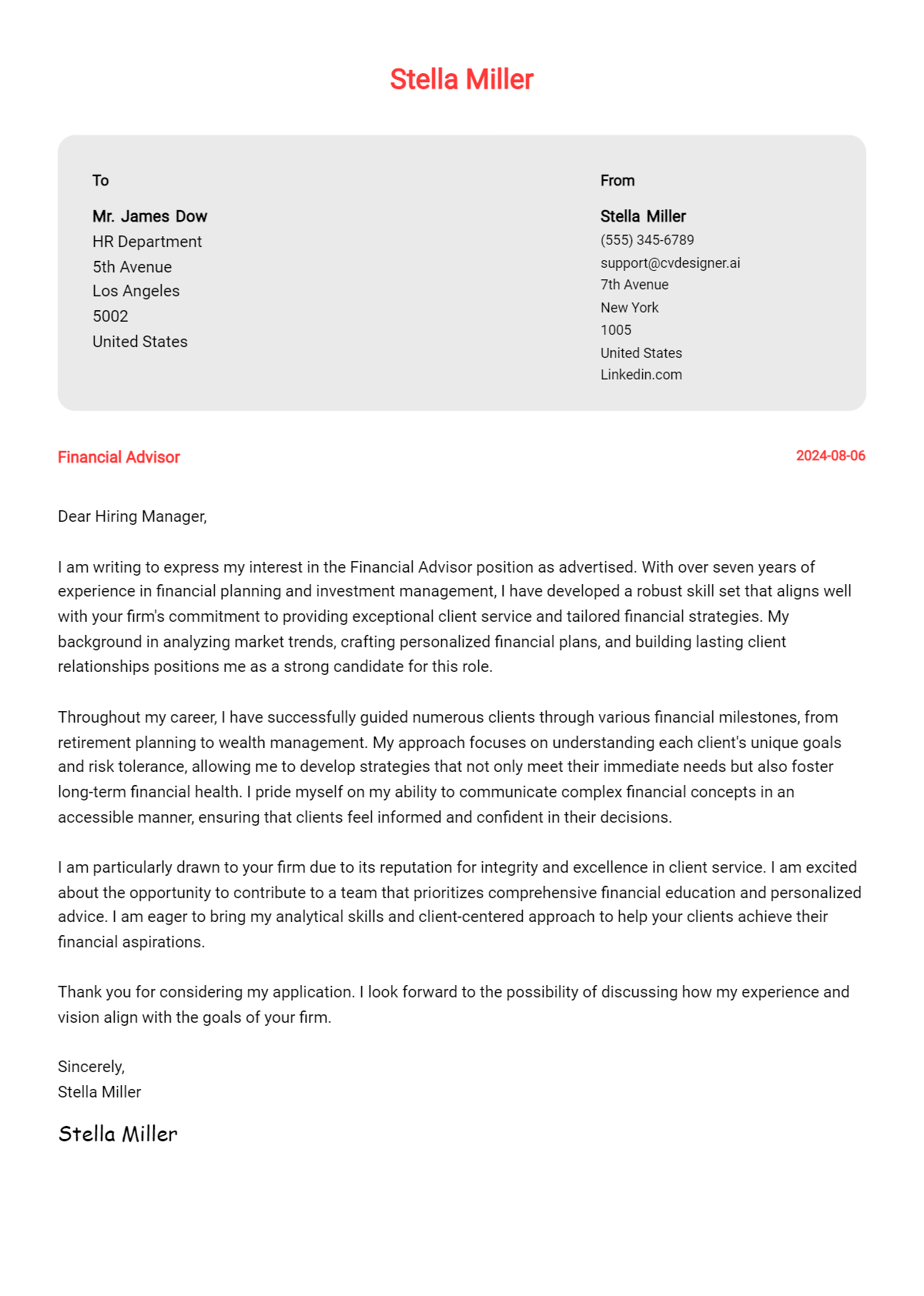 financial advisor cover letter example