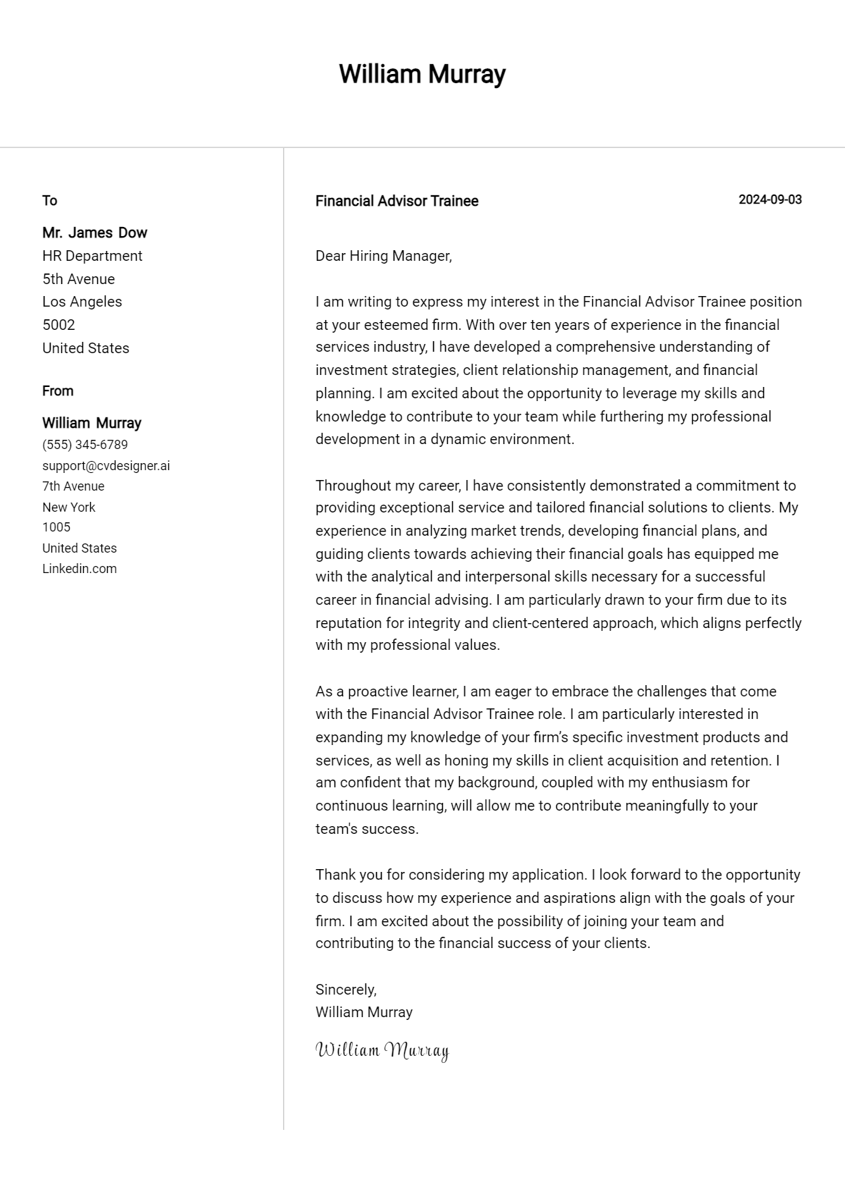 financial advisor trainee cover letter example