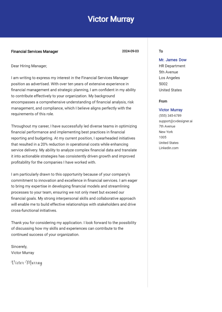 financial services manager cover letter example