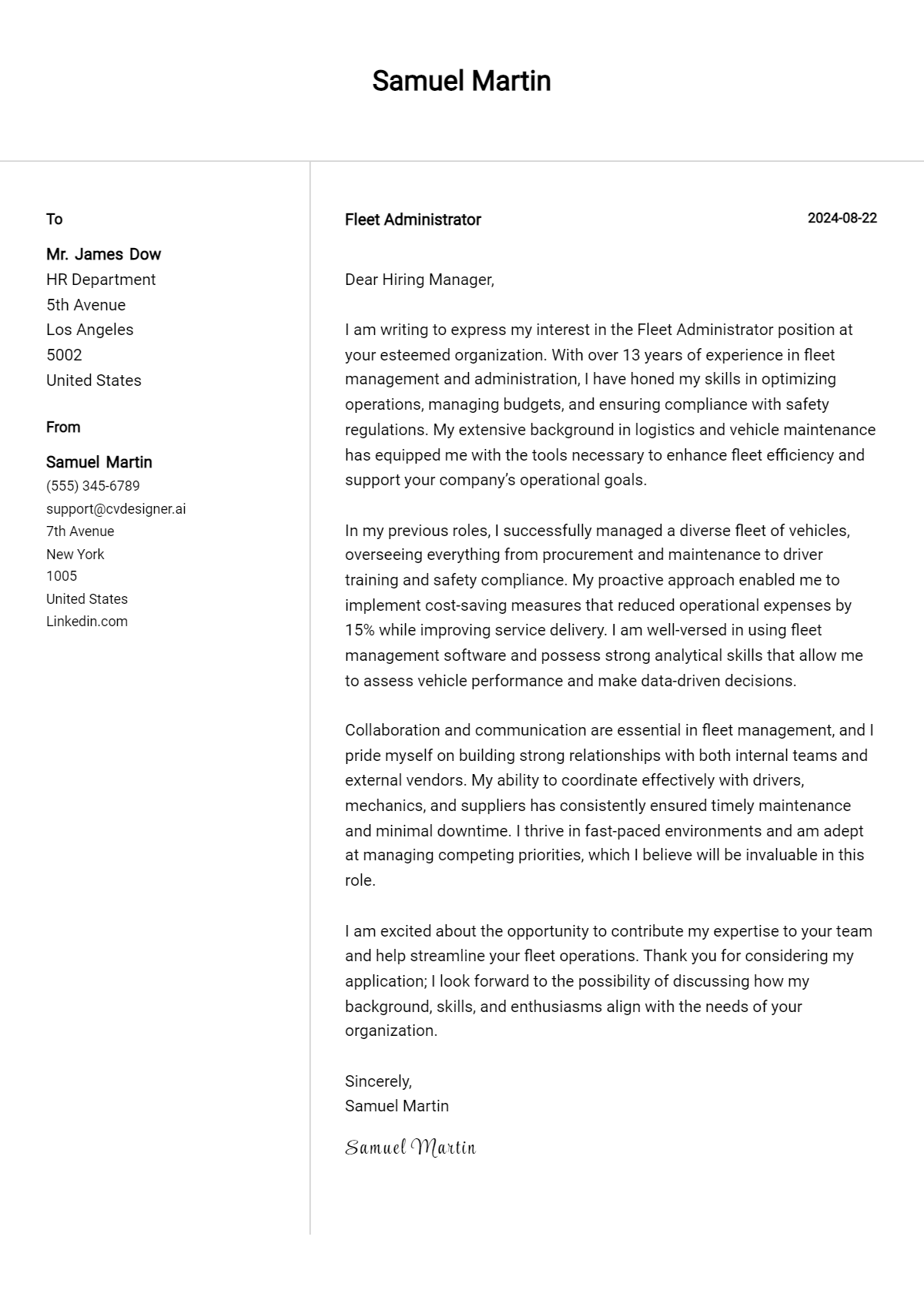 fleet administrator cover letter example