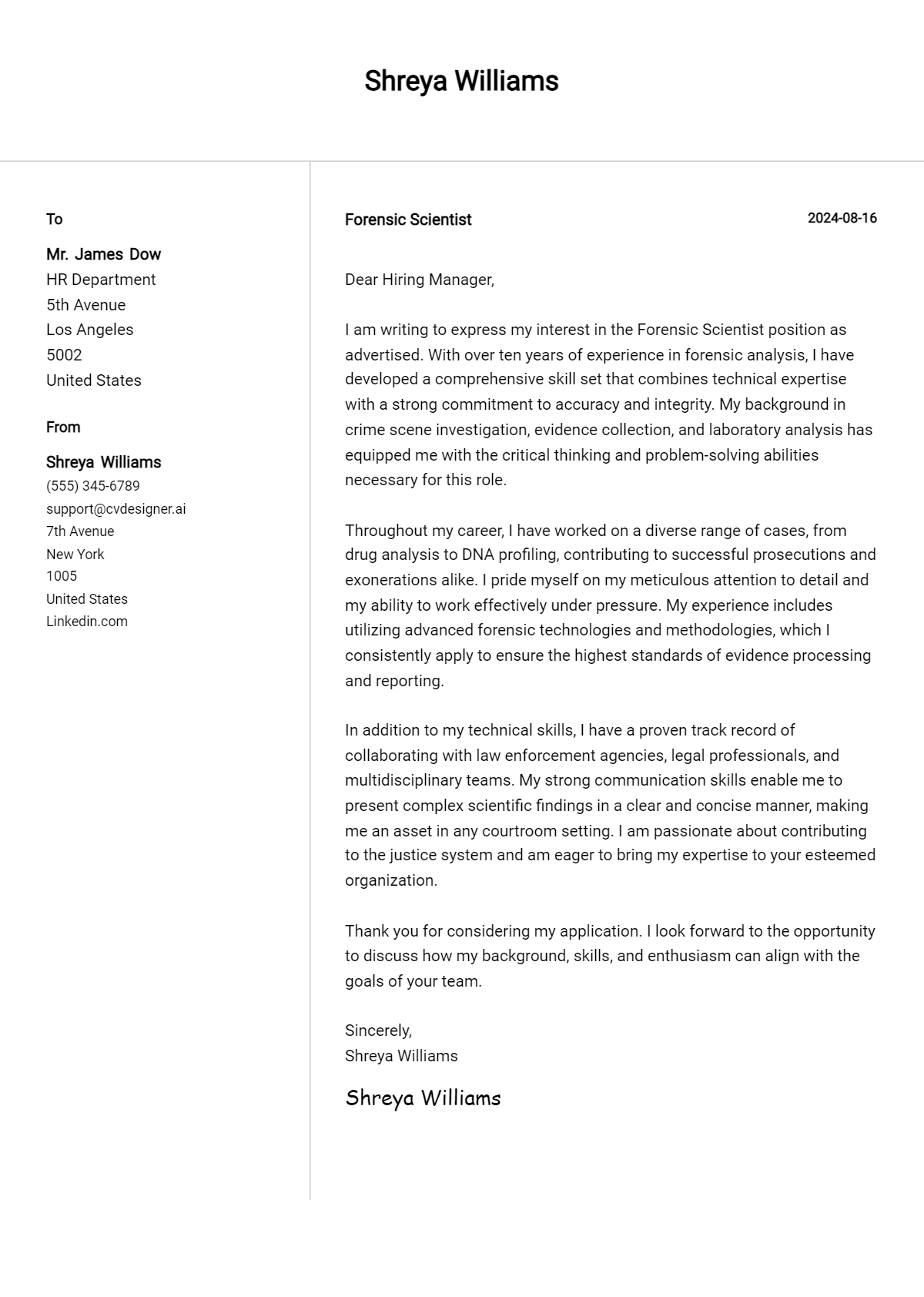 forensic scientist cover letter example