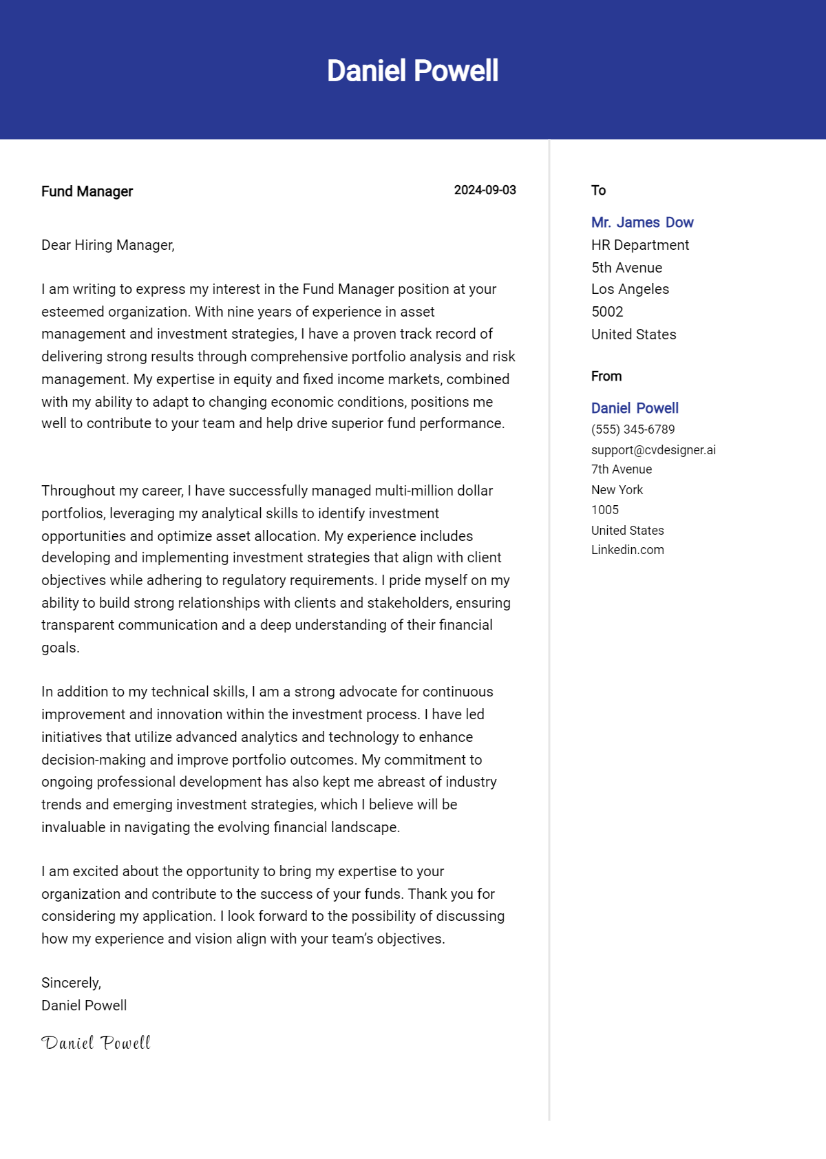 fund manager cover letter example