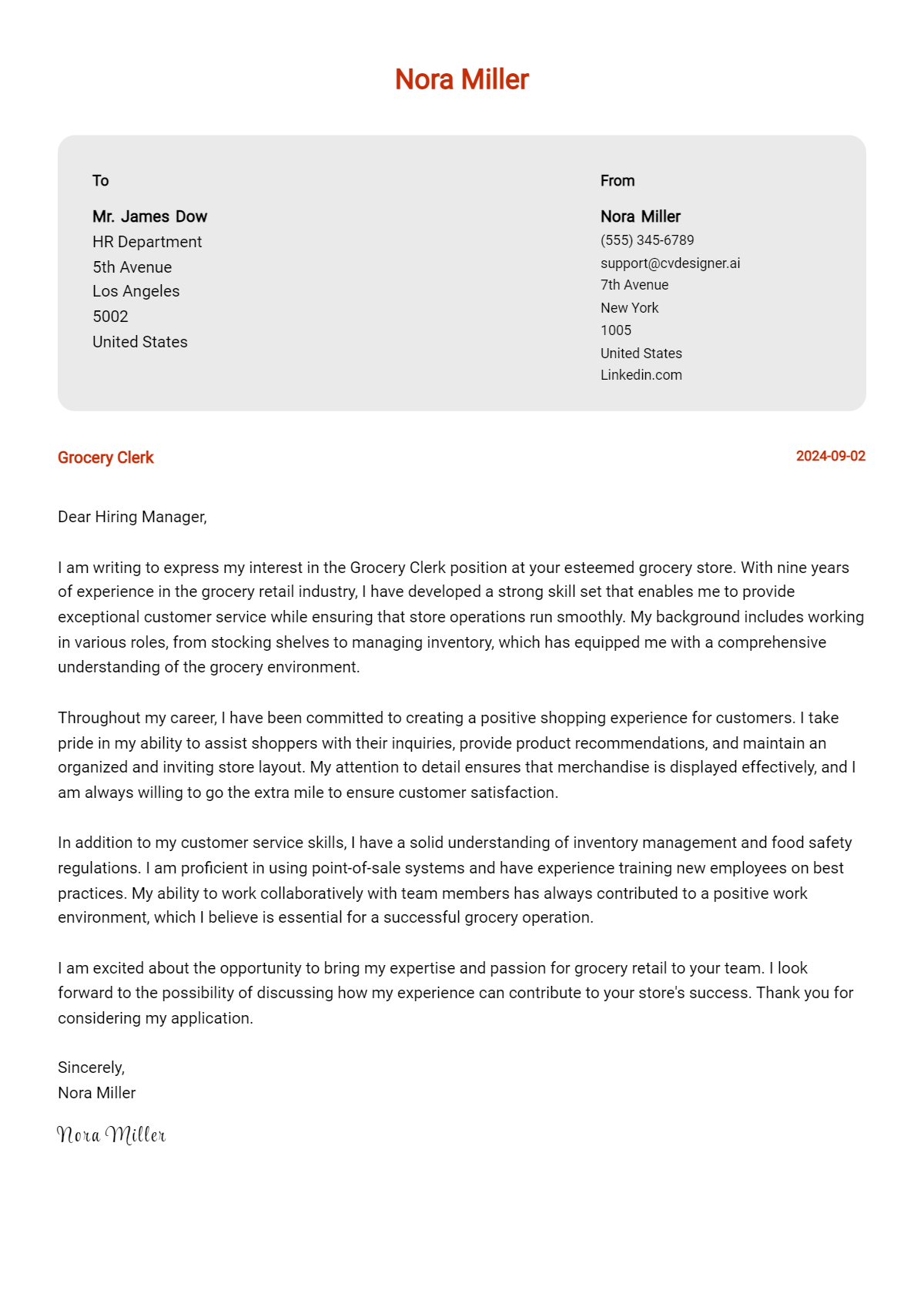 Grocery Clerk Cover Letter Examples for 2024 (Downloadable) - CVDesigner.ai