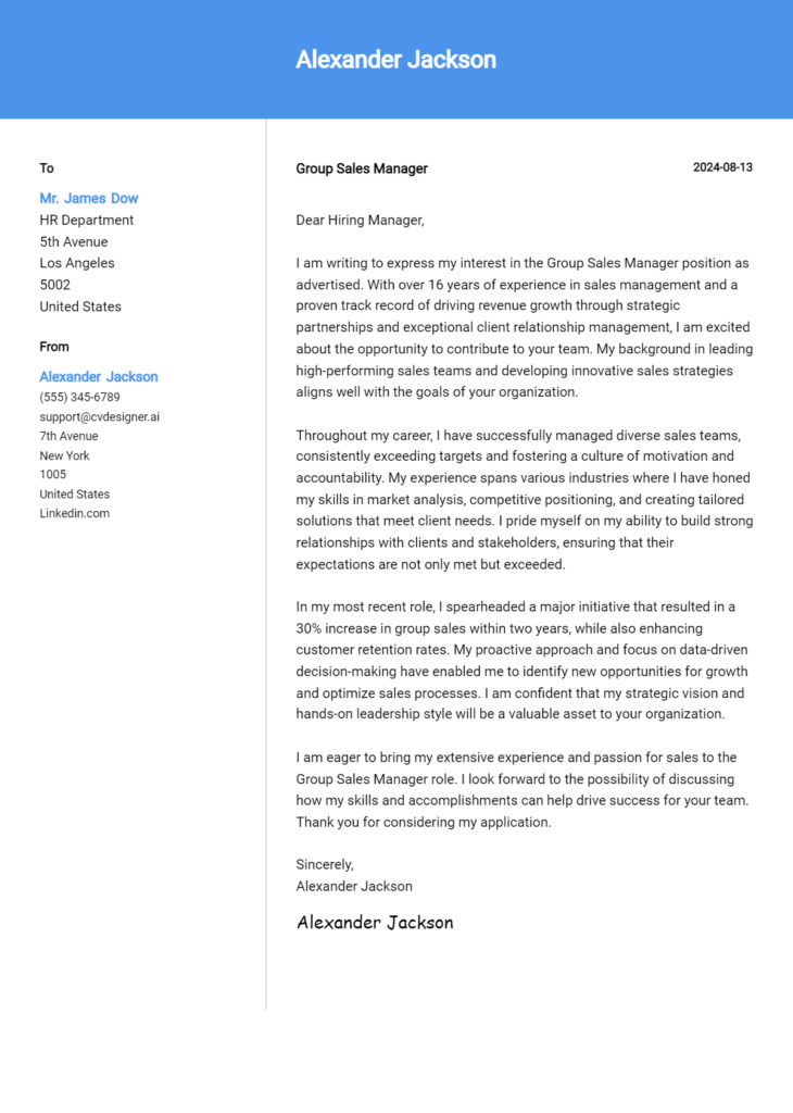 group sales manager cover letter example