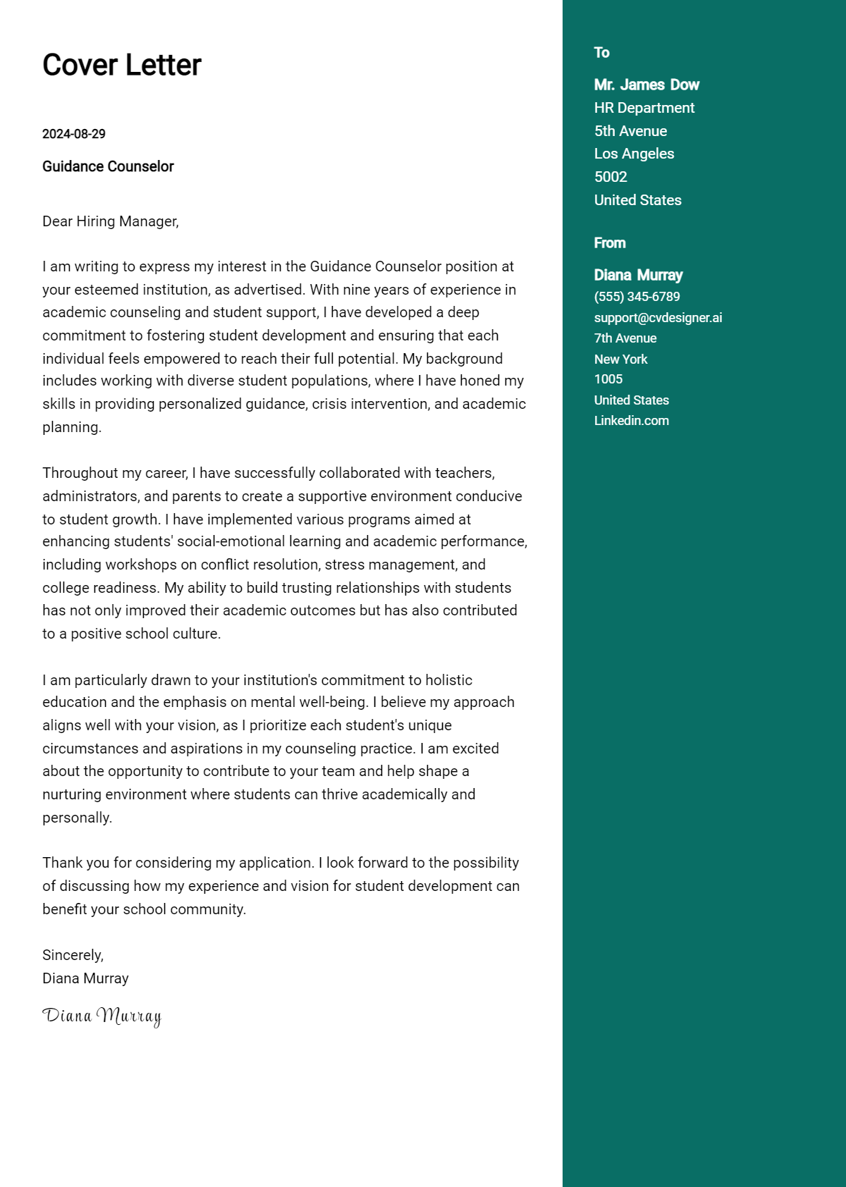 guidance counselor cover letter example