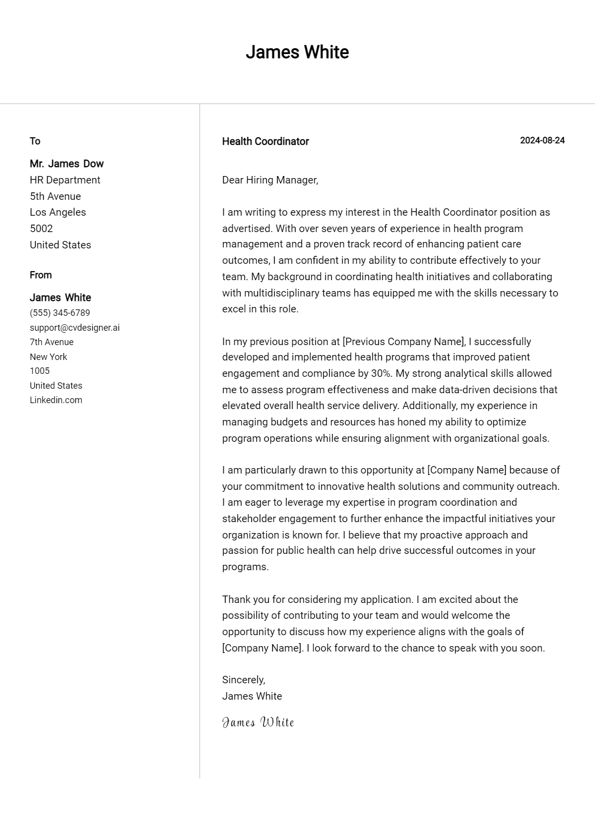 health coordinator cover letter example