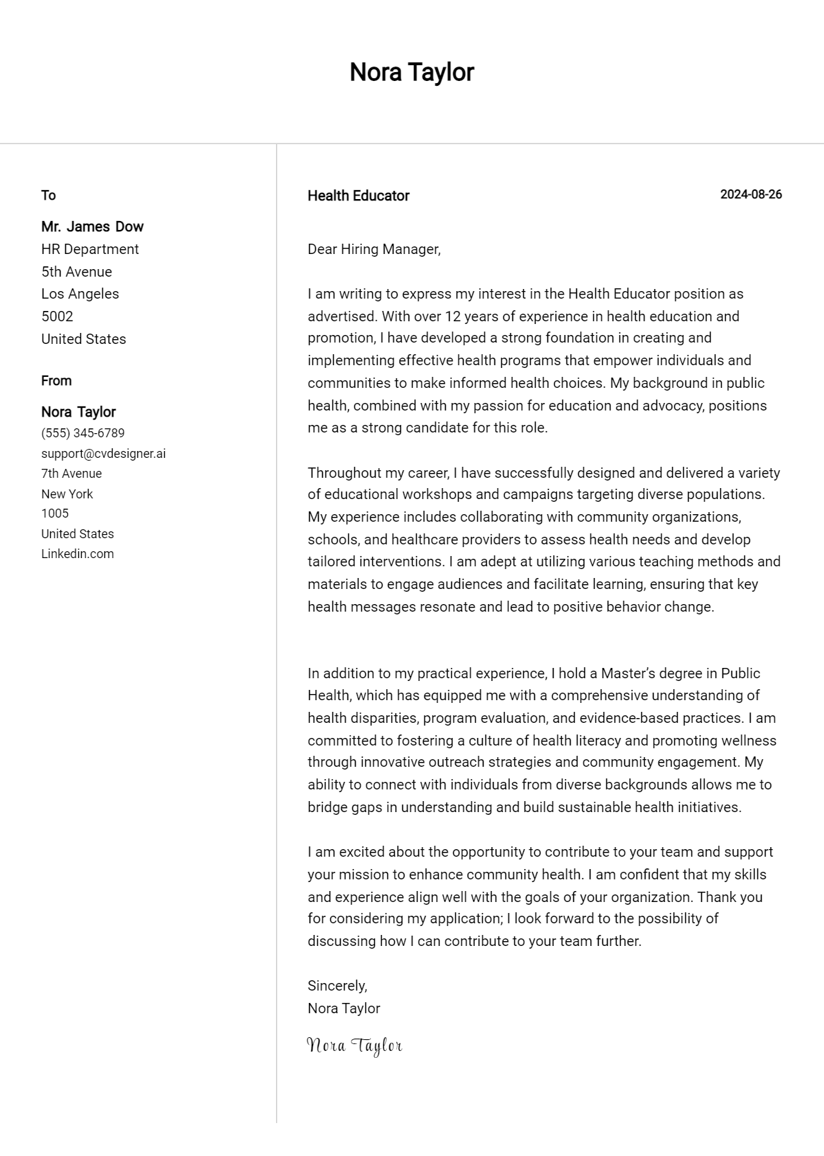 health educator cover letter example