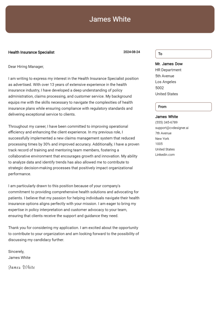 health insurance specialist cover letter example