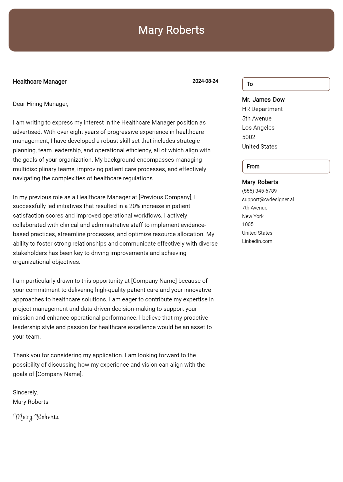 healthcare manager cover letter example