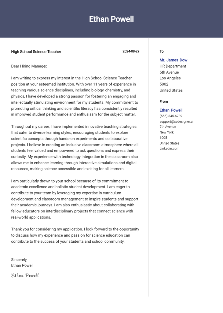 high school science teacher cover letter example