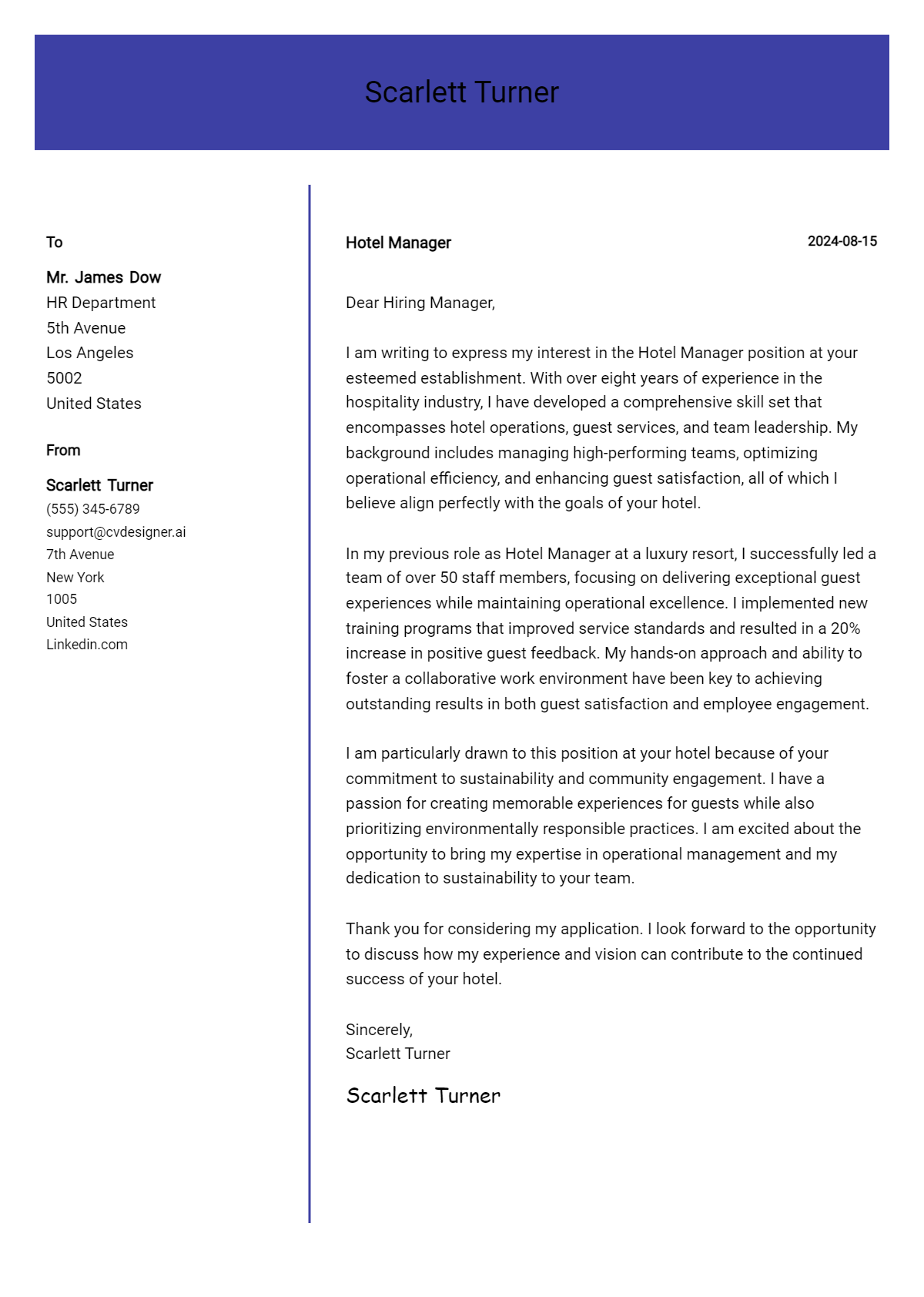 hotel manager cover letter example