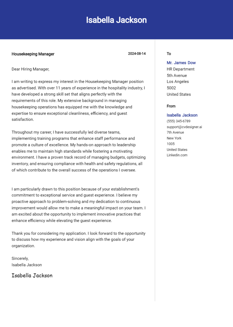 Housekeeping Manager Cover Letter Example for 2025: Free Templates ...