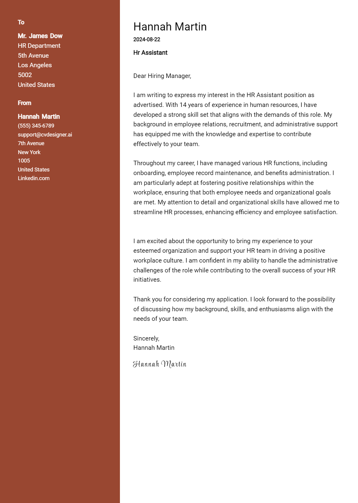 hr assistant cover letter example