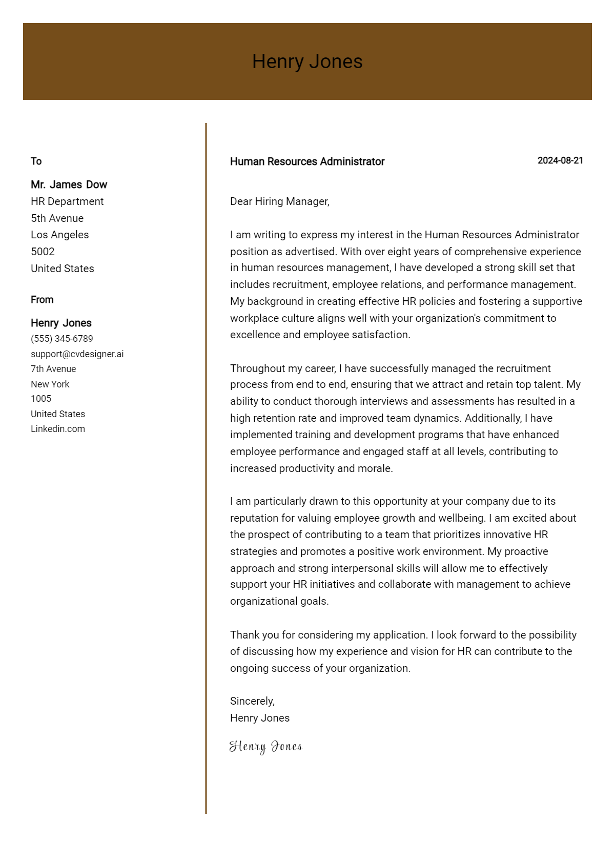 human resources administrator cover letter example