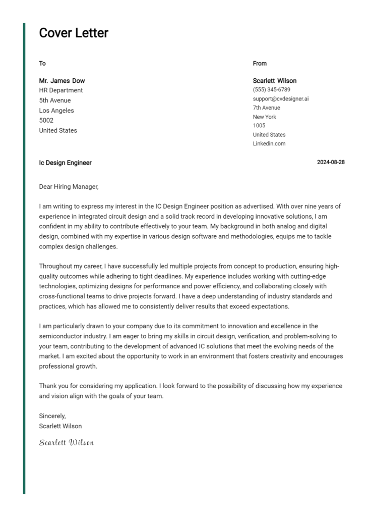 ic design engineer cover letter example