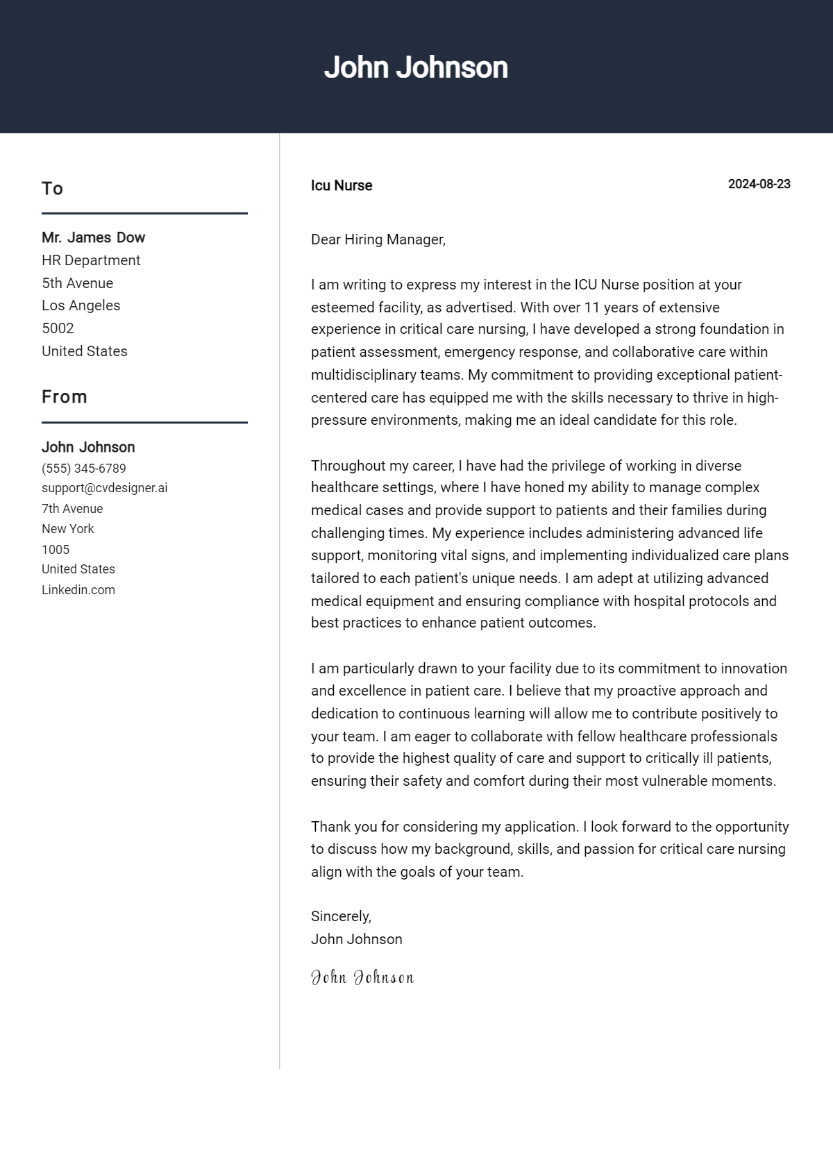 ICU Nurse Cover Letter Example for 2024: Proven Tips - CVDesigner.ai