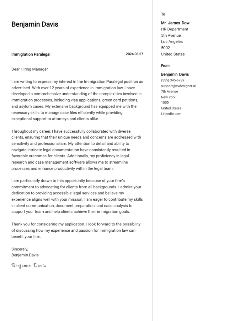 immigration paralegal cover letter example