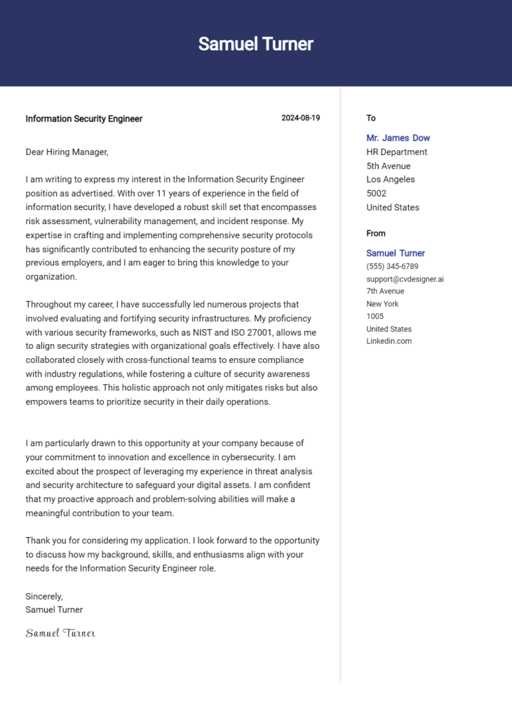 information security engineer cover letter example