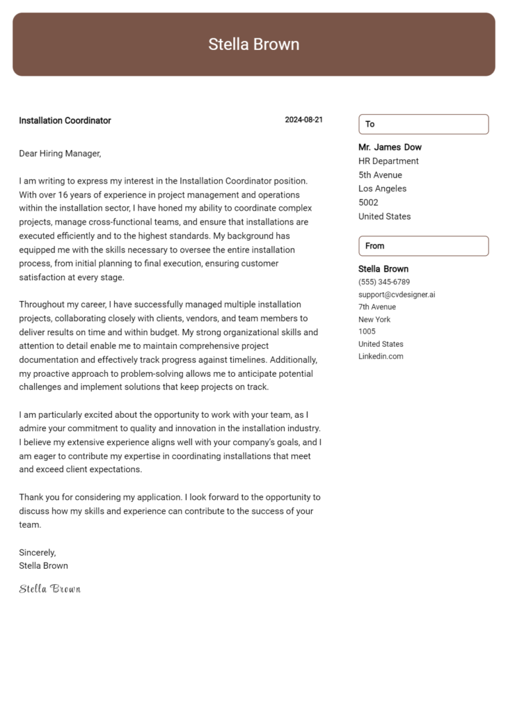 installation coordinator cover letter example