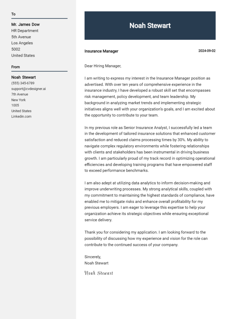 insurance manager cover letter example