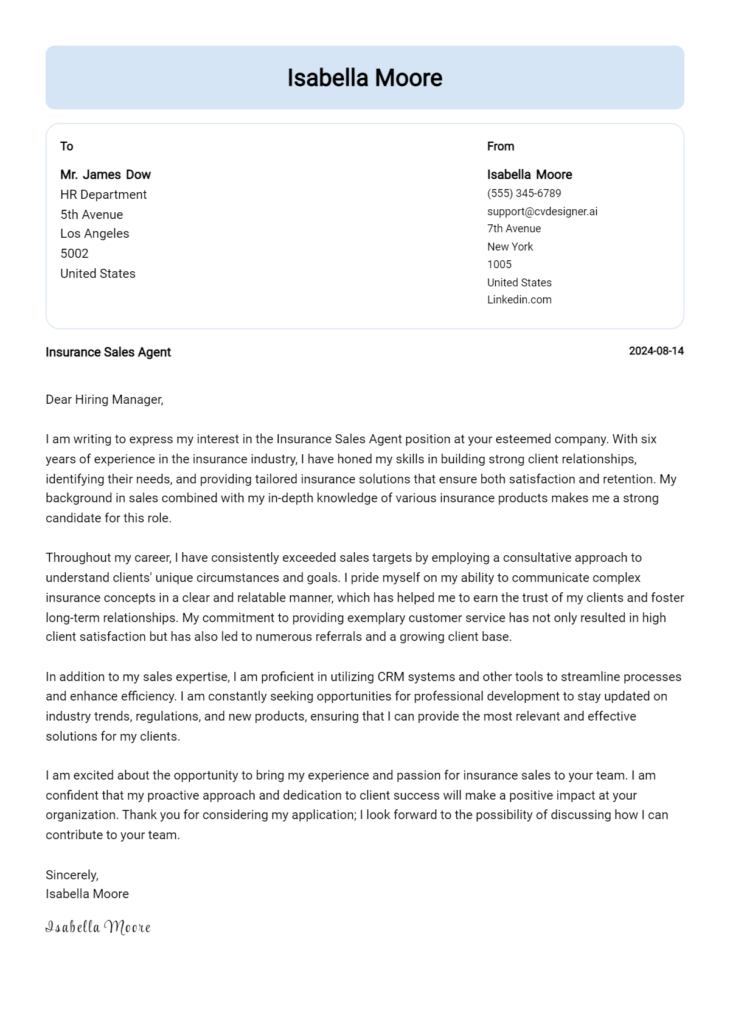 insurance sales agent cover letter example