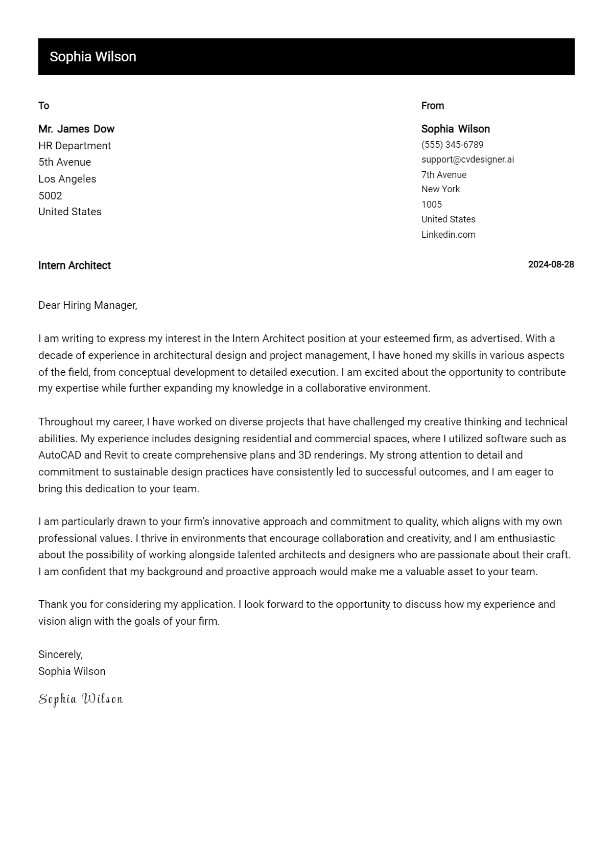 intern architect cover letter example