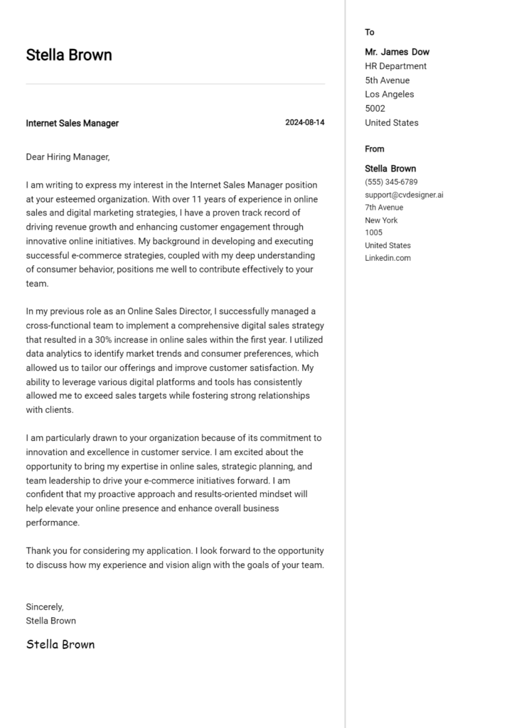 internet sales manager cover letter example