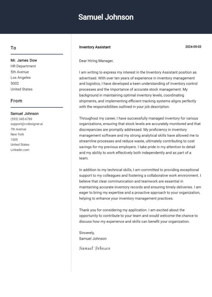 inventory assistant cover letter example